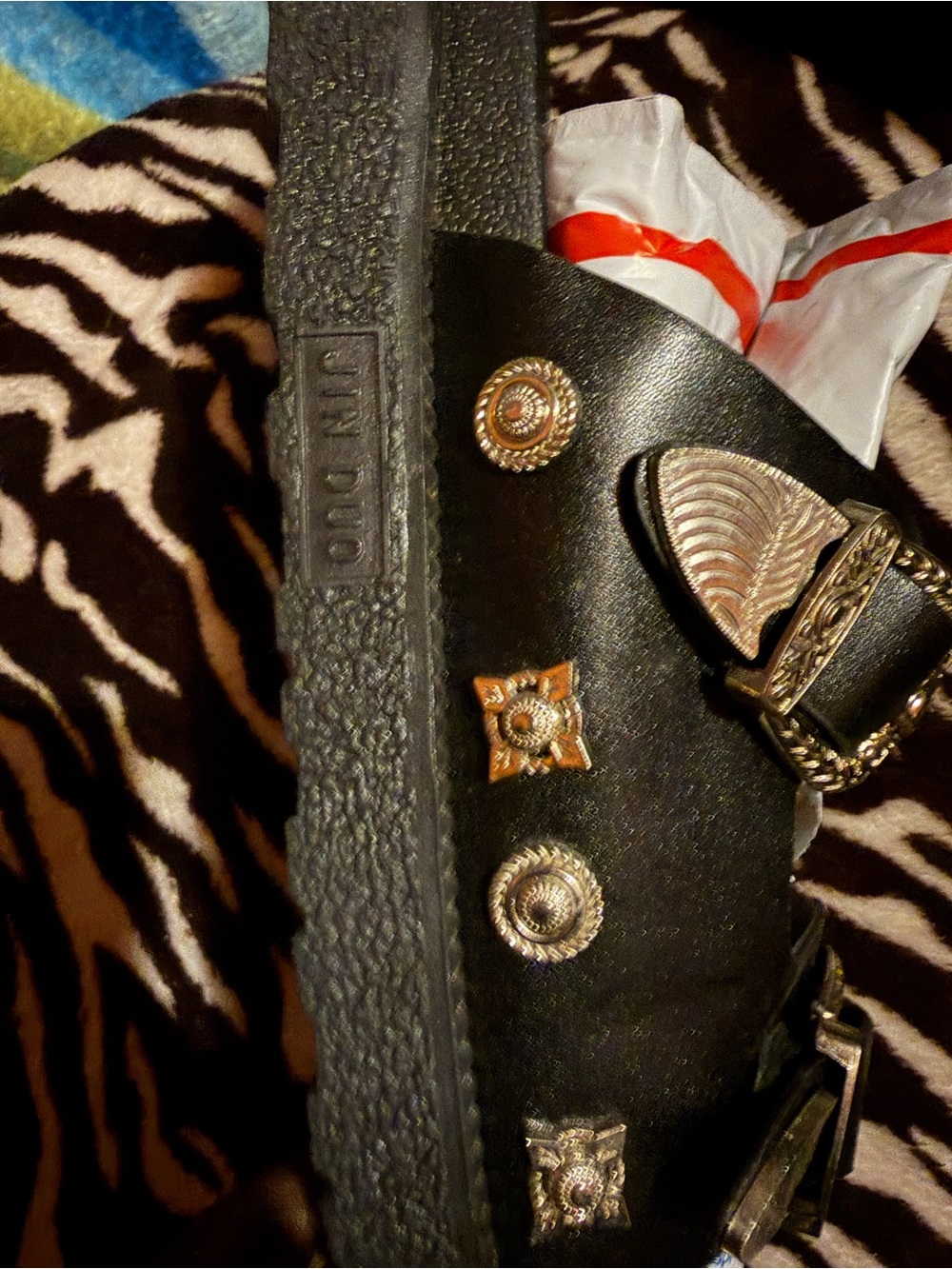 Black Studded Leather Slide Sandals with Metallic Accents